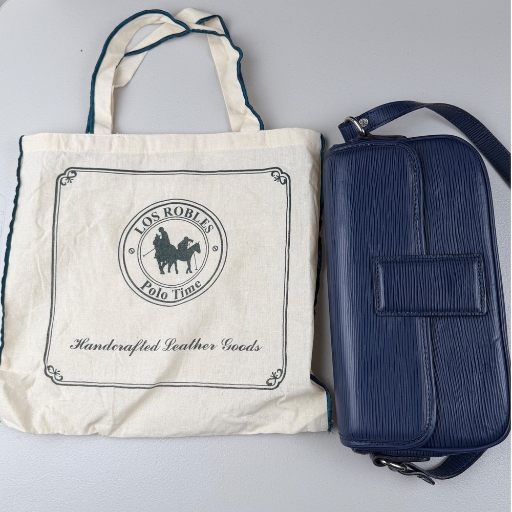 Los Robles‎ Polo Time Navy Blue Textured Leather Baguette Shoulder Bag Dust Bag